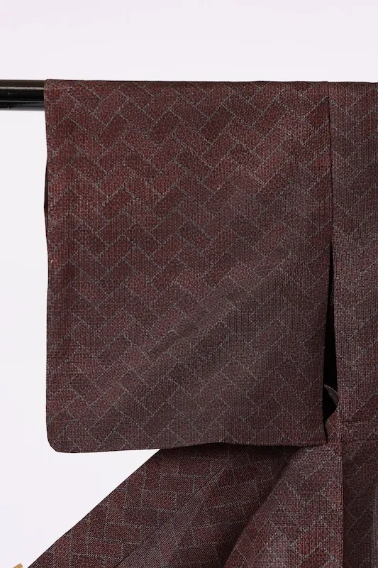 Tsumugi silk(Japan v kimono), brown and gray, geometric pattern, A072