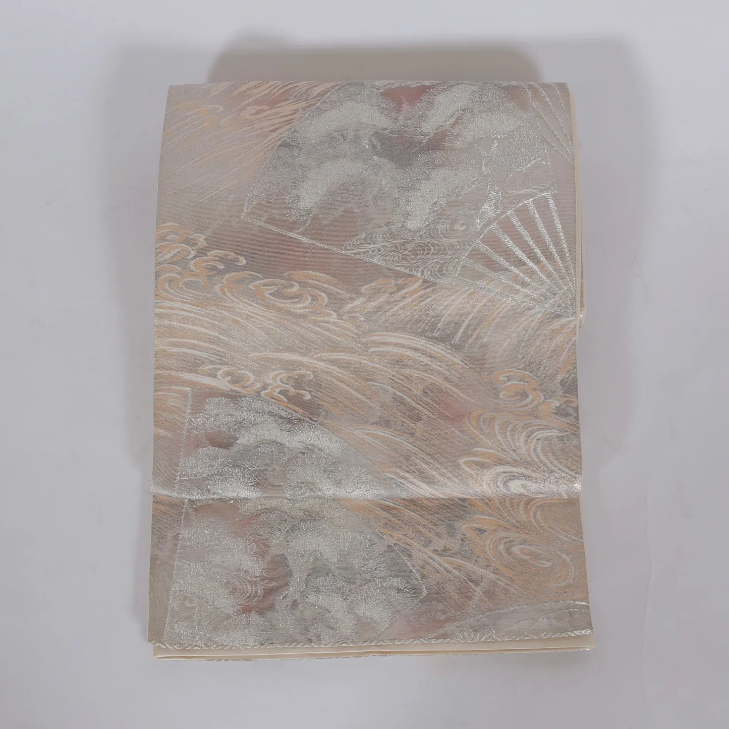 Fukuro obi used(formal sash), Hikihaku (gold leaf), Fan pattern, Waves, Pine, Chrysanthemum, Silver, Gold /Z16