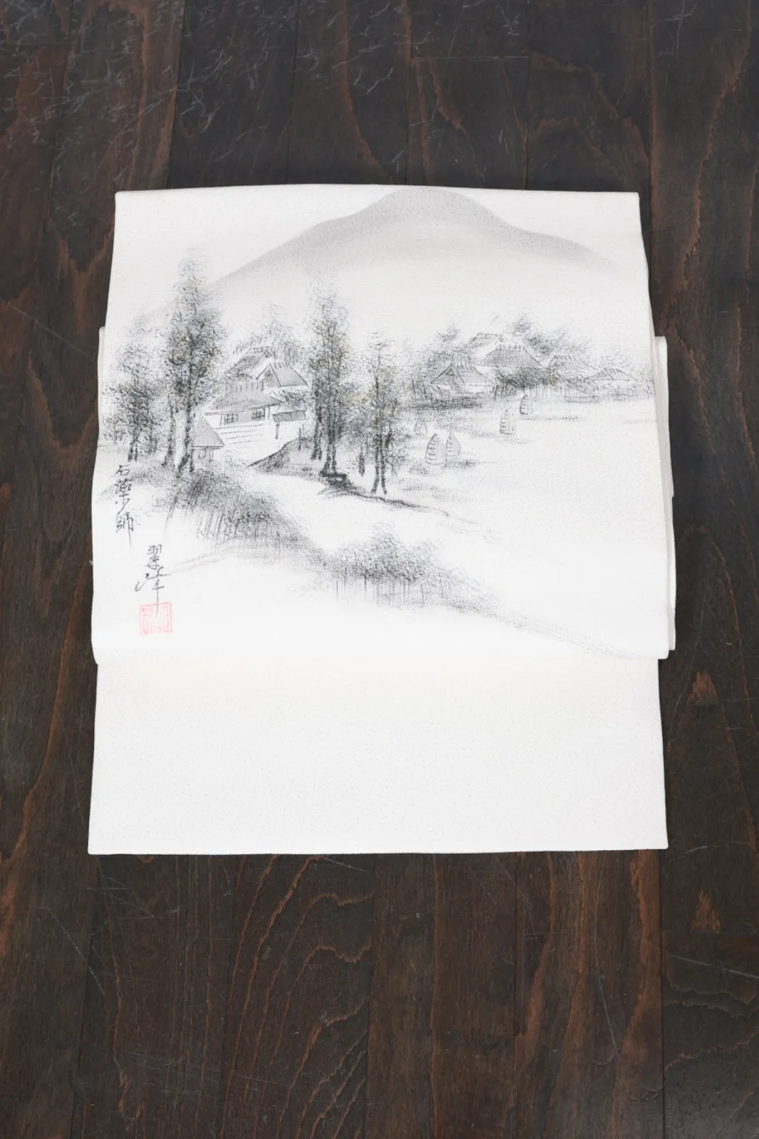 Nagoya Obi(used sash) – White, Sumi-ink, and Brown – Pastoral Landscape – Artist-signed (R113)
