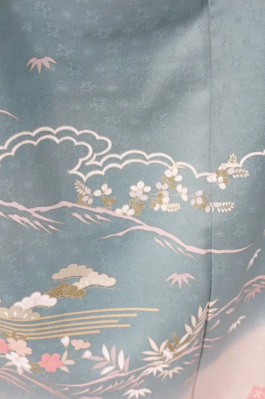 Formal used kimono (Houmongi) - Blue-gray, gold, coral red, purple, white, green, mandarin ducks, flowers, auspicious motifs, waves, Kyo-Yuzen dyeing, B1378