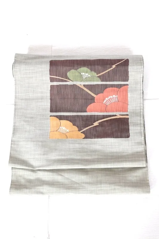 Nagoya Obi – Brand New, Untailored – Camellia Motif – Gray, Green, Brown, Red – A412