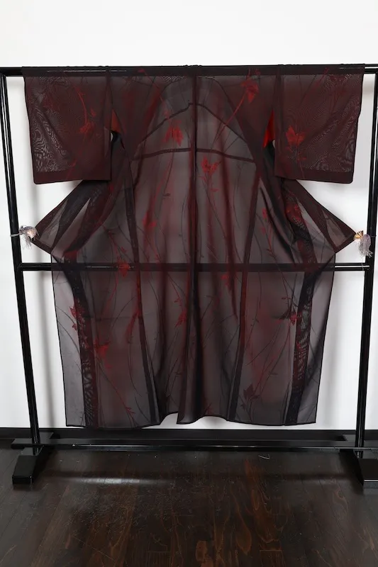 Summer Komon (used kimono fabric), Nishijin weave, patterned gauze, black and red floral pattern, R22