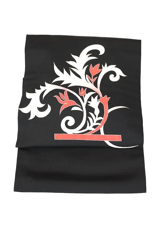 Nagoya obi used (sash), Shioze silk, black, white, red, gold, hand-painted, L5