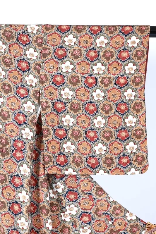 Japan used Kimono – Deep Green, Ochre, Indigo, Brown – Floral Pattern – J35