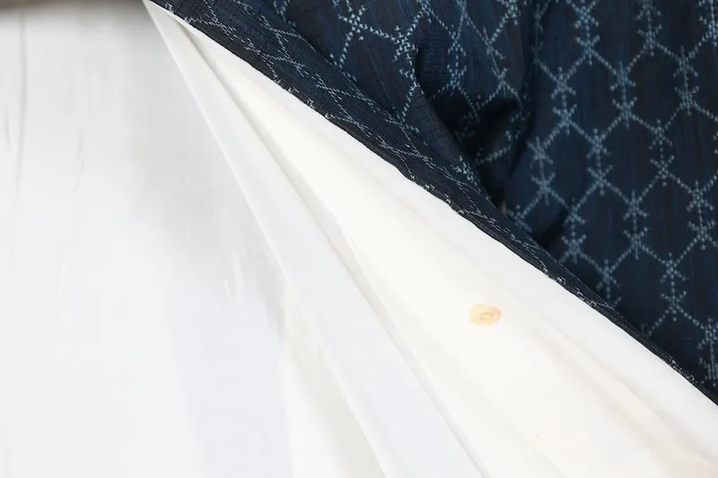Japan used kimono  (Tsumugi silk fabric), shades of indigo,  geometric pattern, R140