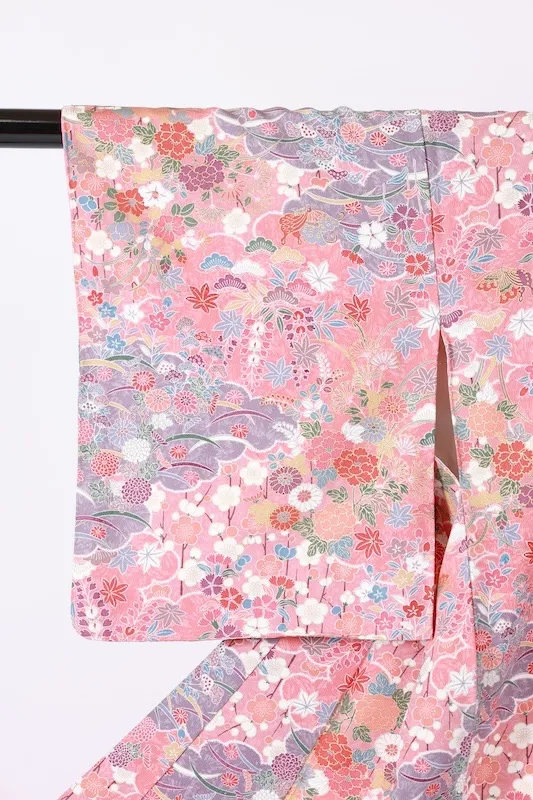 Komon (used kimono fabric) - Coral shades, purple, gold, vermilion, blue, green, yellow-green, flowers, butterflies - Kyo-Yuzen (Kyoto-style dyeing) - B1434