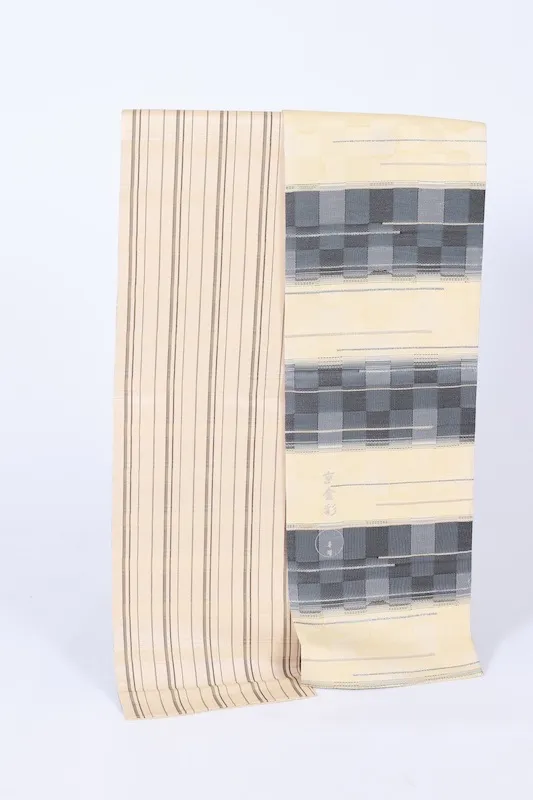 Fukuro Obi　used (sash), Kayou Textile, shades of gray, gold, silver, shades of yellow, checkered pattern, horizontal stripes, handwoven, L28