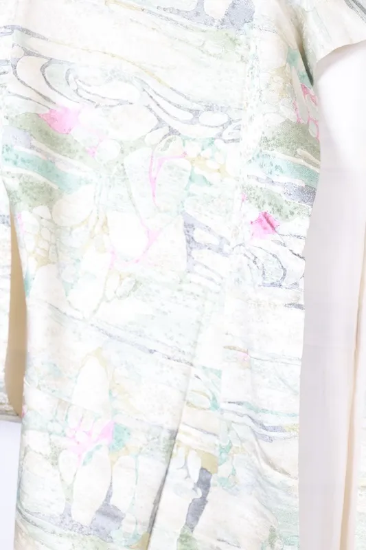 Komon (Japan used kimono fabric) - Off-white, gray, blue, green, wine - Geometric pattern - Batik dyeing - R165