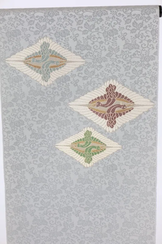 Nagoya obi (sash), brand new, unstitched, gray, green, blue, purple, gold, white, facing cranes, Tang weave, J23