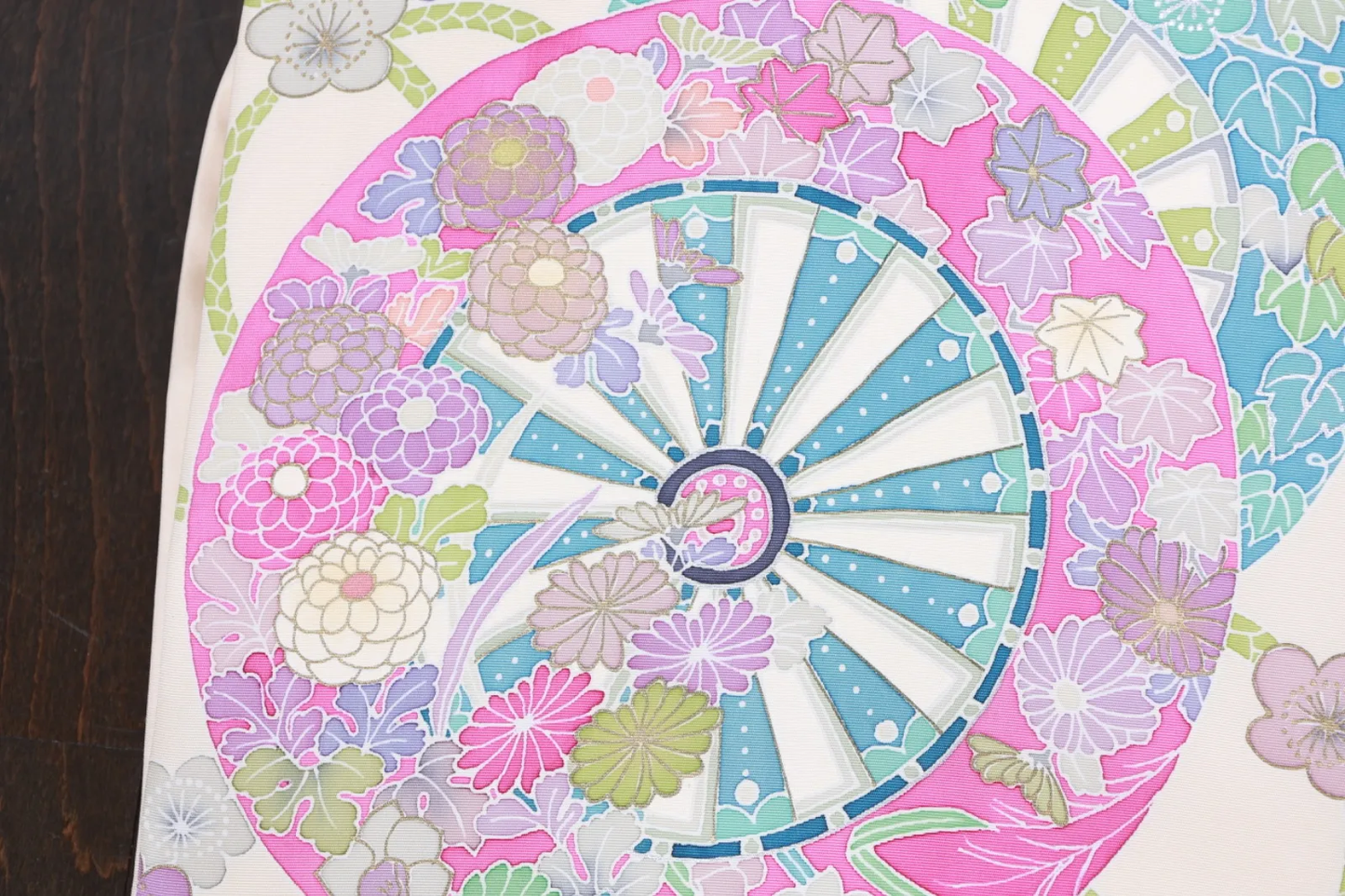 Nagoya Obi(used sash) – Shioze silk – Off-white, pink, blue, gold, silver Hand-painted – R108