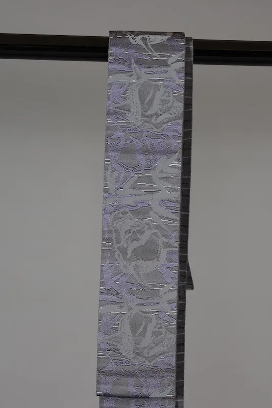 Men's Yukata Obi used (Sash) - Grayish and Purple with Hannya Mask Design, Horizontal Stripes on the Reverse Side, Reversible, L130