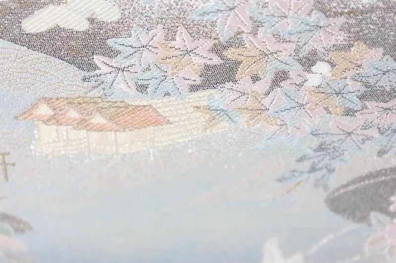 Fukuroobi shinpin mi shitate gōrudo shirubā midori murasaki sango-iro shiro Miyajima fūkei L 7 37 New, unstitched fukuro obi used ( sash). Gold, silver, green, purple, coral, white. Miyajima landscape design. L7