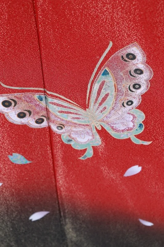 Furisode  (long-sleeved used kimono) with gold threads, red, black, blue, gold, silver, purple, light pink, butterfly design, size L59