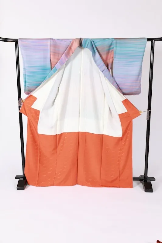 Visiting kimono used, blue, purple, red, orange, brown, hand-painted, irregular horizontal stripes, by Saito Sansai, B1424