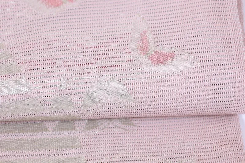 Summer obi (sash), brand new, unstitched, ro (high-grade silk), cherry blossom pink, silver, butterfly pattern, horizontal stripes, L18