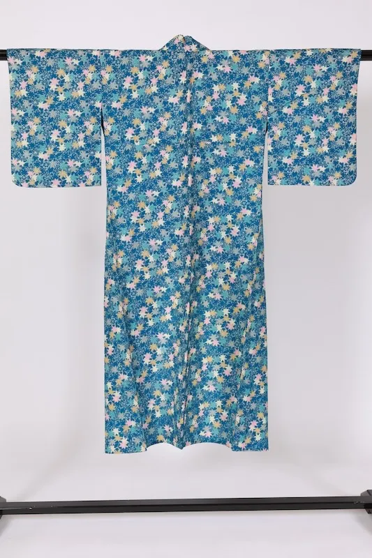 Japan used kimono Komon  - Light blue, pink, beige, autumn leaves pattern - G98