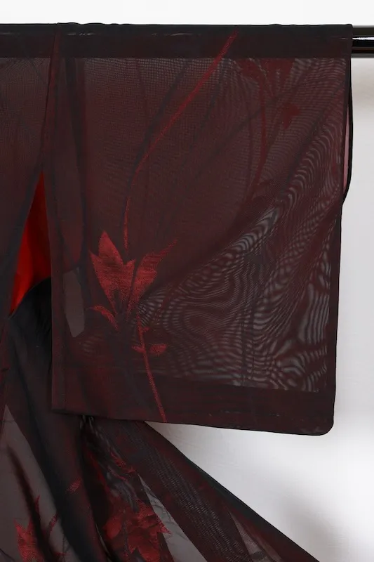 Summer Komon (used kimono fabric), Nishijin weave, patterned gauze, black and red floral pattern, R22