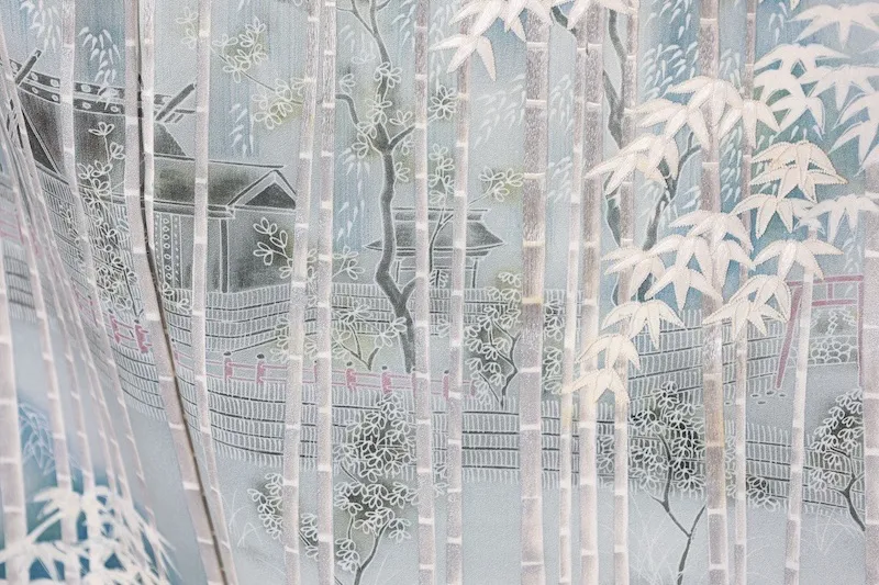 Visiting kimono used, off-white, gray, white, blue, green, silver, bamboo pattern, embroidery, B1426