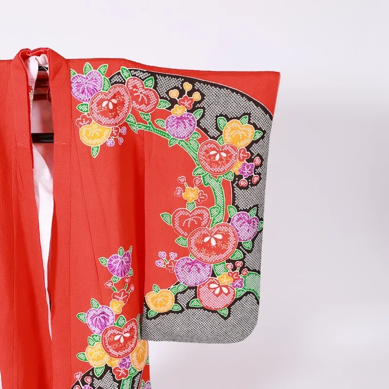 Girl's Yotsumi Pre-loved Kimono – Red, Purple, Yellow, Green, White; A142