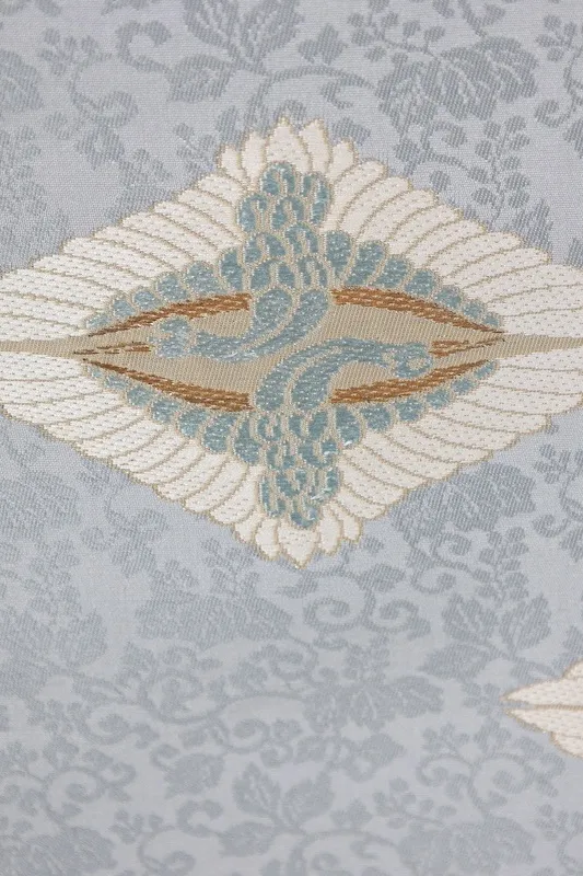 Nagoya obi (sash), brand new, unstitched, gray, green, blue, purple, gold, white, facing cranes, Tang weave, J23