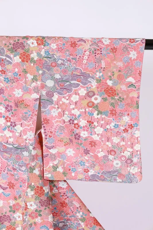 Komon (used kimono fabric) - Coral shades, purple, gold, vermilion, blue, green, yellow-green, flowers, butterflies - Kyo-Yuzen (Kyoto-style dyeing) - B1434