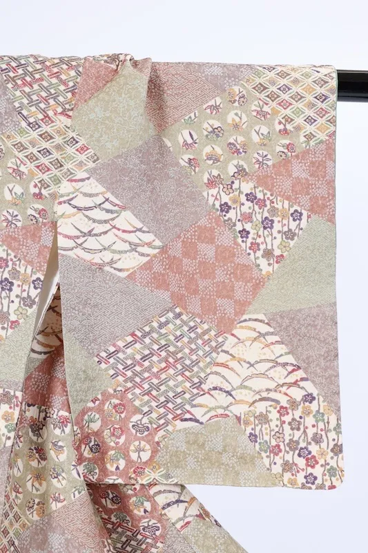 Japan Pre-loved Kimono – Brown, Green, Beige, Vermilion;  (A081)