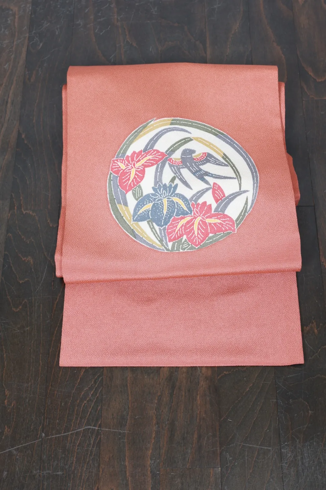 Nagoya Obi(used sash)– Bingata Style – Coral Pink, Gray, Red, Yellow, Blue, Off-White  (R128)