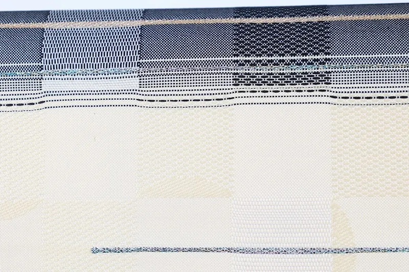 Fukuro Obi　used (sash), Kayou Textile, shades of gray, gold, silver, shades of yellow, checkered pattern, horizontal stripes, handwoven, L28