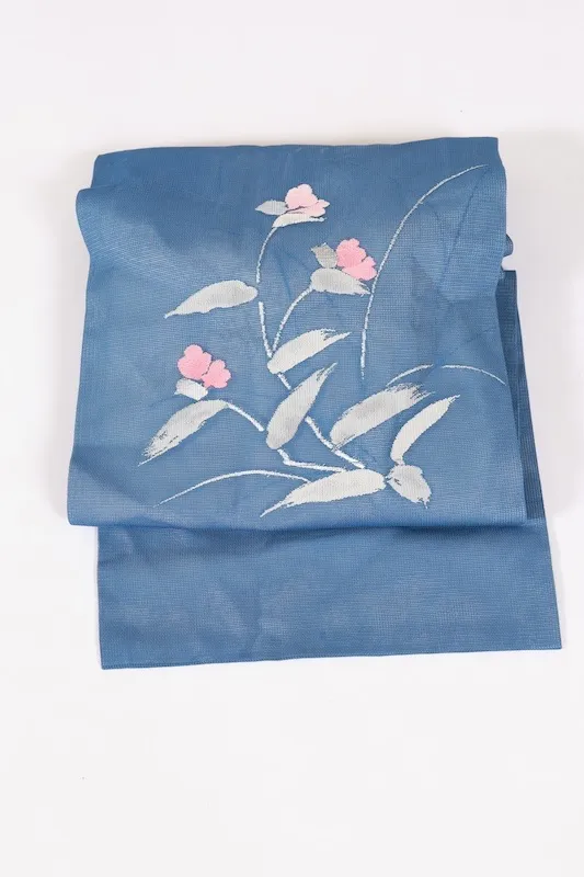 Summer Nagoya obi used (sash), sheer fabric, blue, gray, silver, coral, floral pattern, L19