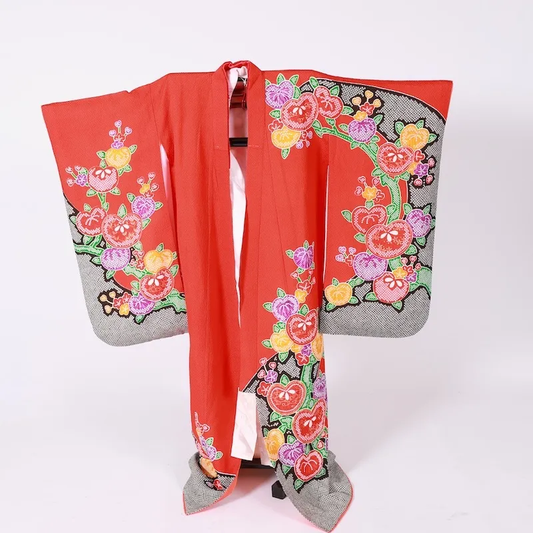 Girl's Yotsumi Pre-loved Kimono – Red, Purple, Yellow, Green, White; A142