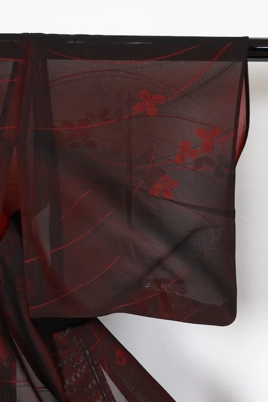 Summer Komon (used kimono fabric), Nishijin weave, black and red, floral and dewdrop pattern, R24