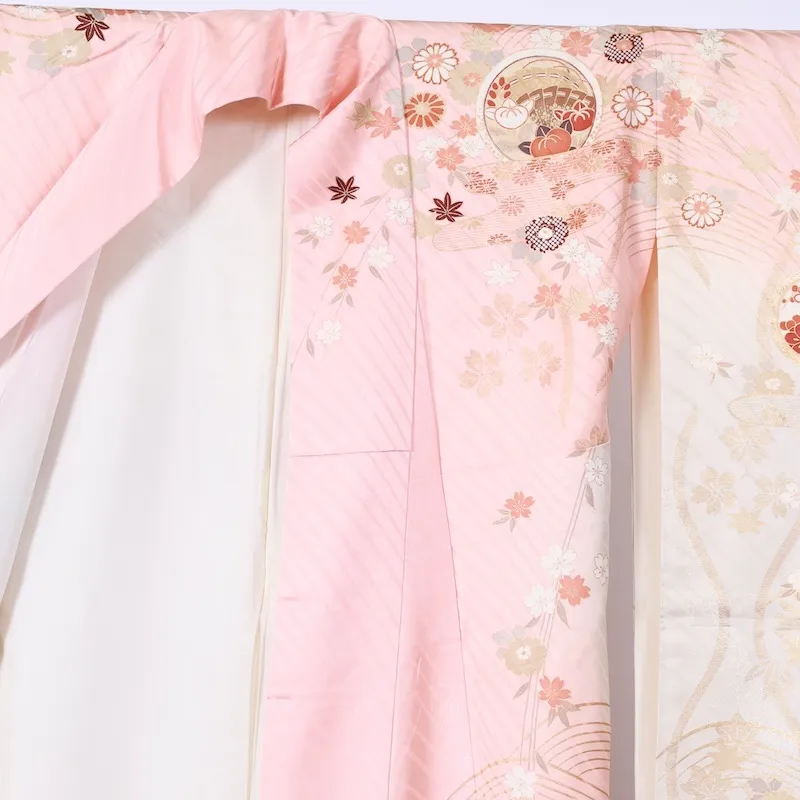Furisode (long-sleeved kimono used) - Off-white, pink, gold, blue, white, red, purple, butterfly, flower, Kyo-Yuzen dyeing, K100