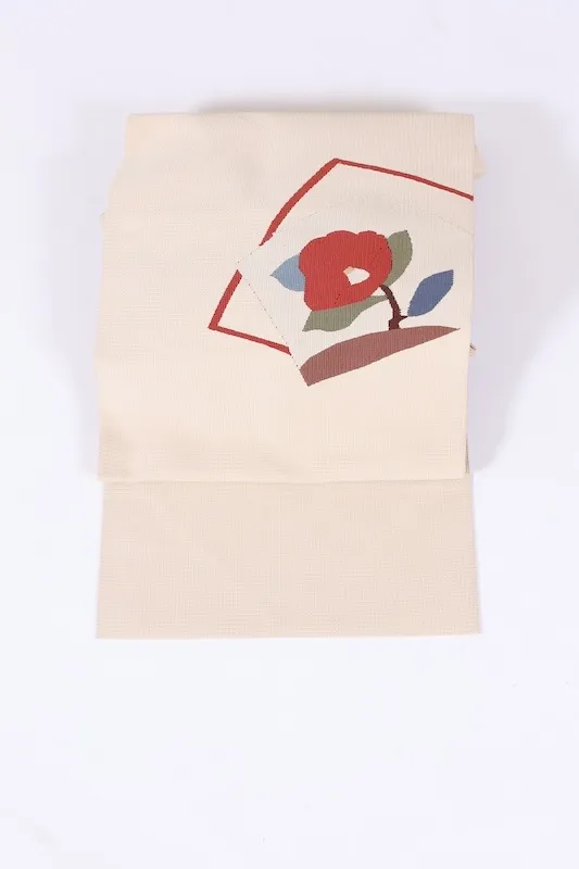 Nagoya obi used (sash) - Beige, brown, green, blue, red, camellia pattern, L53