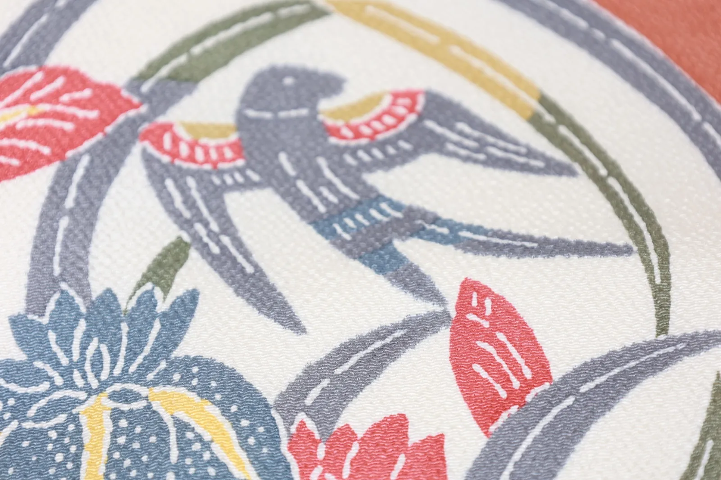 Nagoya Obi(used sash)– Bingata Style – Coral Pink, Gray, Red, Yellow, Blue, Off-White  (R128)