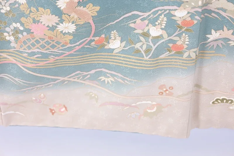 Formal used kimono (Houmongi) - Blue-gray, gold, coral red, purple, white, green, mandarin ducks, flowers, auspicious motifs, waves, Kyo-Yuzen dyeing, B1378