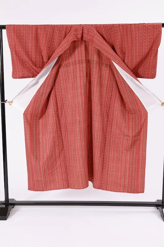 Tsumugi(Japan Pre-loved kimono) – Rust-red, gray, indigo, and yellow stripes (A070)