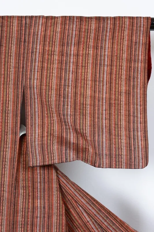 Nishijin Tsumugi(used kimono) – Shades of Brown, Crimson, and Gray – Stripes  – R147