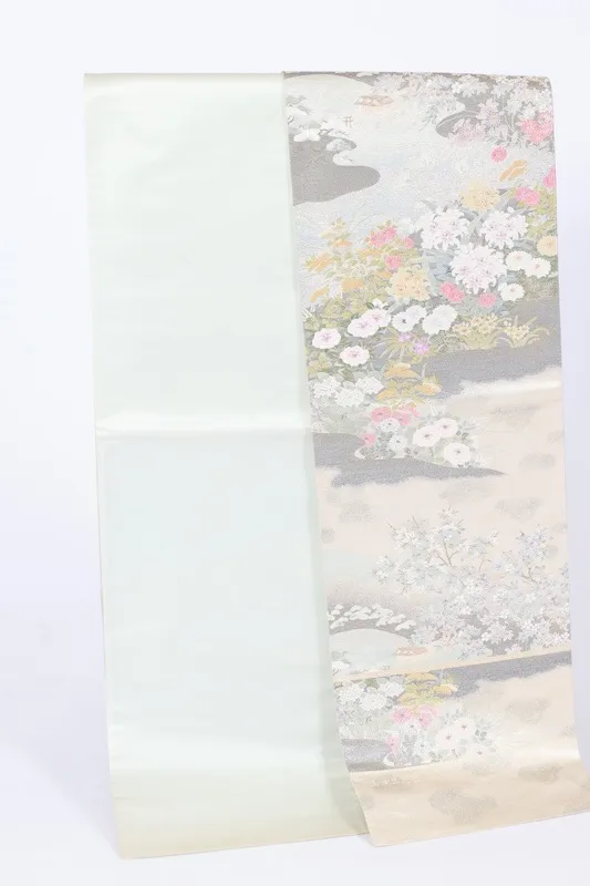 Fukuroobi shinpin mi shitate gōrudo shirubā midori murasaki sango-iro shiro Miyajima fūkei L 7 37 New, unstitched fukuro obi used ( sash). Gold, silver, green, purple, coral, white. Miyajima landscape design. L7