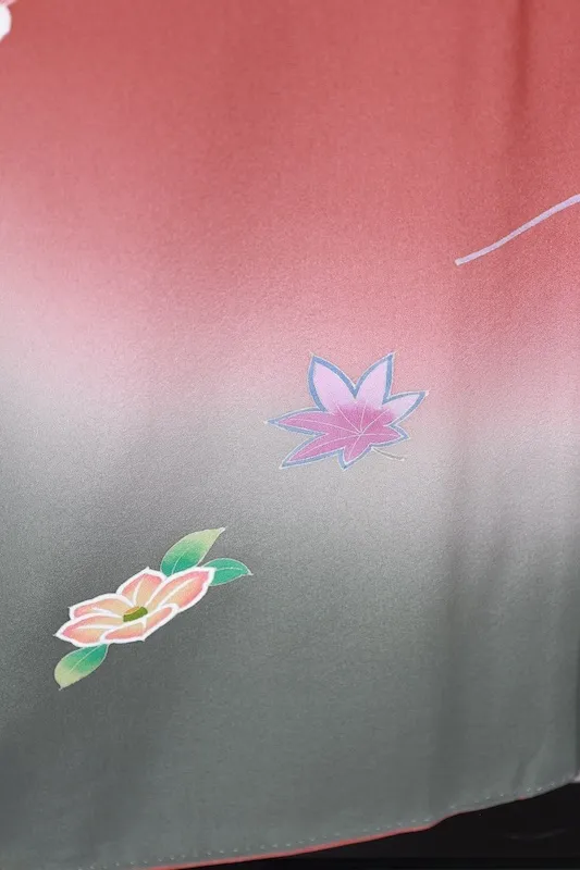 Japan Visiting kimono used: Reddish-brown, yellow, purple, green, gray, white, gold, cherry blossoms, flute, hand-painted Kyoto Yuzen dyeing, B1412