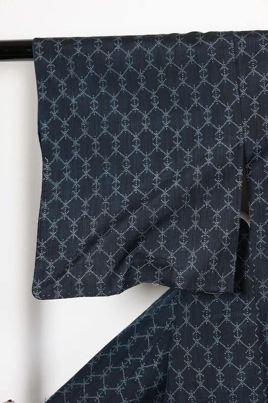 Japan used kimono  (Tsumugi silk fabric), shades of indigo,  geometric pattern, R140