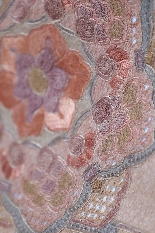 Tsukesage used Kimono – Shades of Brown, Green, and Purple; Floral and Noshi (Ceremonial Ribbon) Motifs; Swatow Embroidery (B1411)