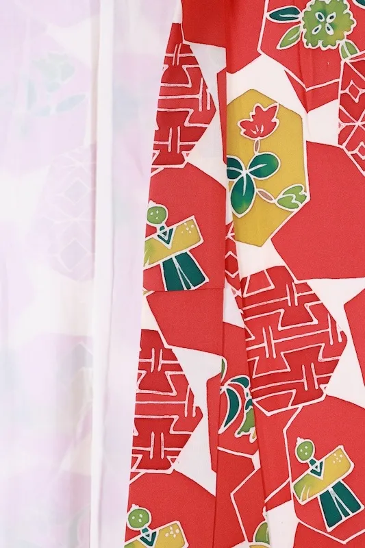 Komon (used kimono fabric) in red, green, yellow, mustard, floral, Shippo (seven treasures) pattern, tortoise shell pattern, batik dyeing, B1472