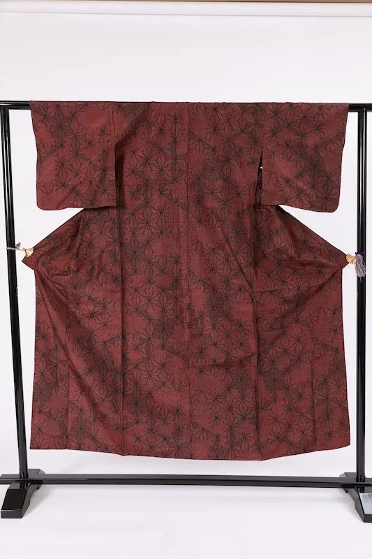 Tsumugi Silk(Japan Pre-loved kimono)  Rust-Red & Black – Hand-Woven – A087