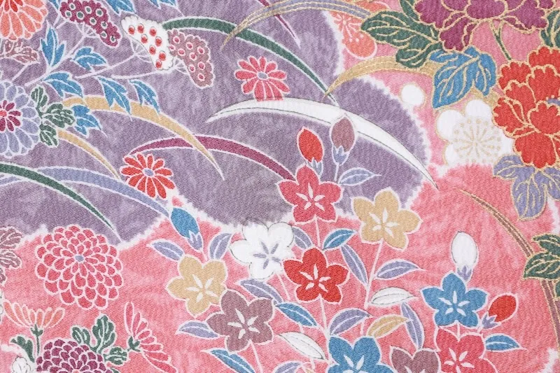 Komon (used kimono fabric) - Coral shades, purple, gold, vermilion, blue, green, yellow-green, flowers, butterflies - Kyo-Yuzen (Kyoto-style dyeing) - B1434