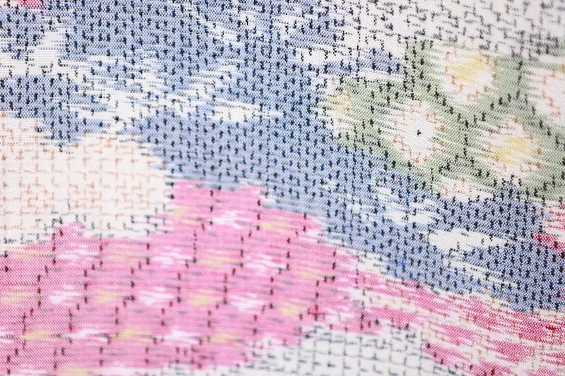 Tsumugi(used kimono)White, Light Blue, Pink, Green, Black, Blue; Kasuri ; Hand-woven; R35