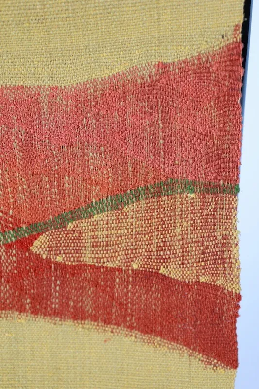Nagoya obi used(sash), Tsumugi silk, mustard yellow, green, red, handwoven, geometric pattern, L4
