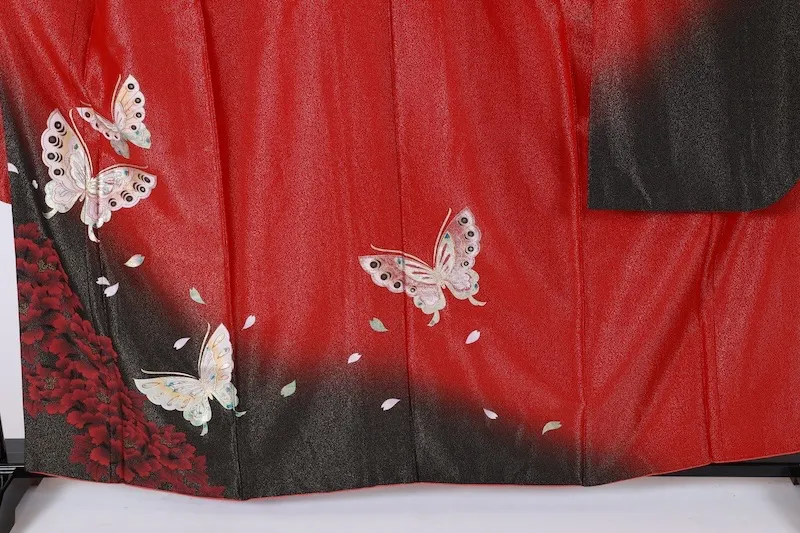 Furisode  (long-sleeved used kimono) with gold threads, red, black, blue, gold, silver, purple, light pink, butterfly design, size L59