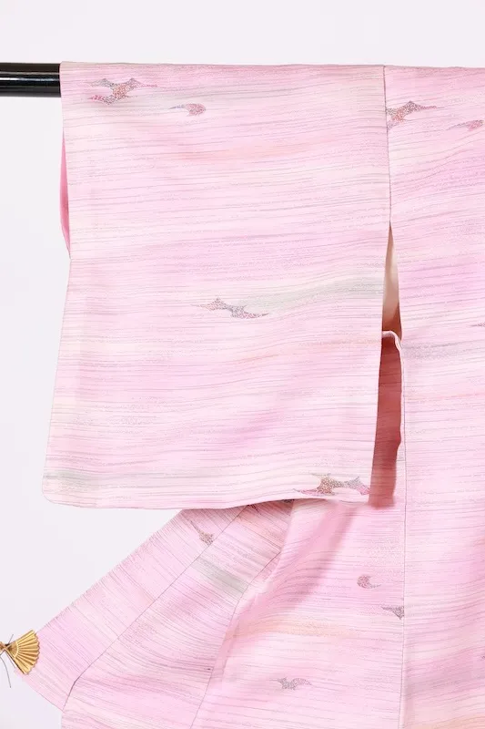 Komon (used kimono fabric) - Cherry blossom pink, brown, charcoal red, horizontal stripes - B1451
