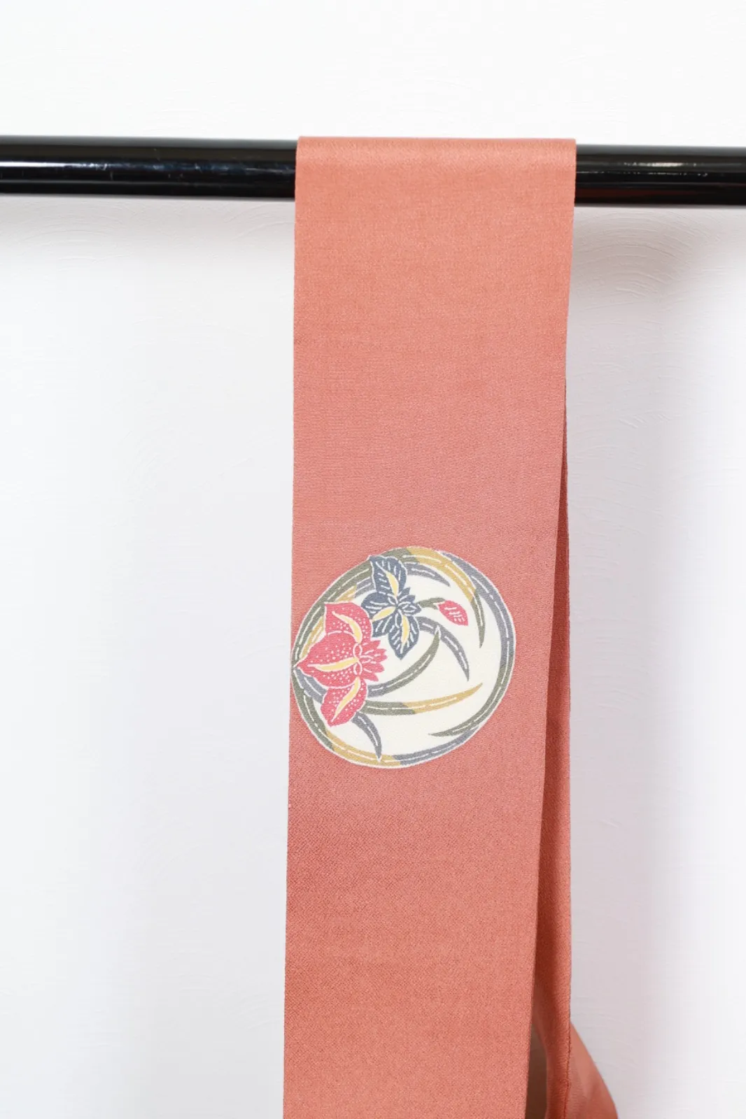 Nagoya Obi(used sash)– Bingata Style – Coral Pink, Gray, Red, Yellow, Blue, Off-White  (R128)