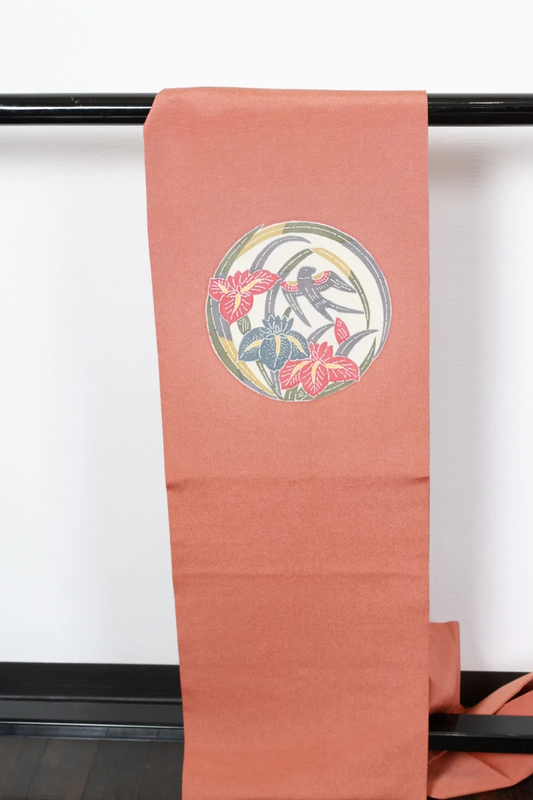 Nagoya Obi(used sash)– Bingata Style – Coral Pink, Gray, Red, Yellow, Blue, Off-White  (R128)